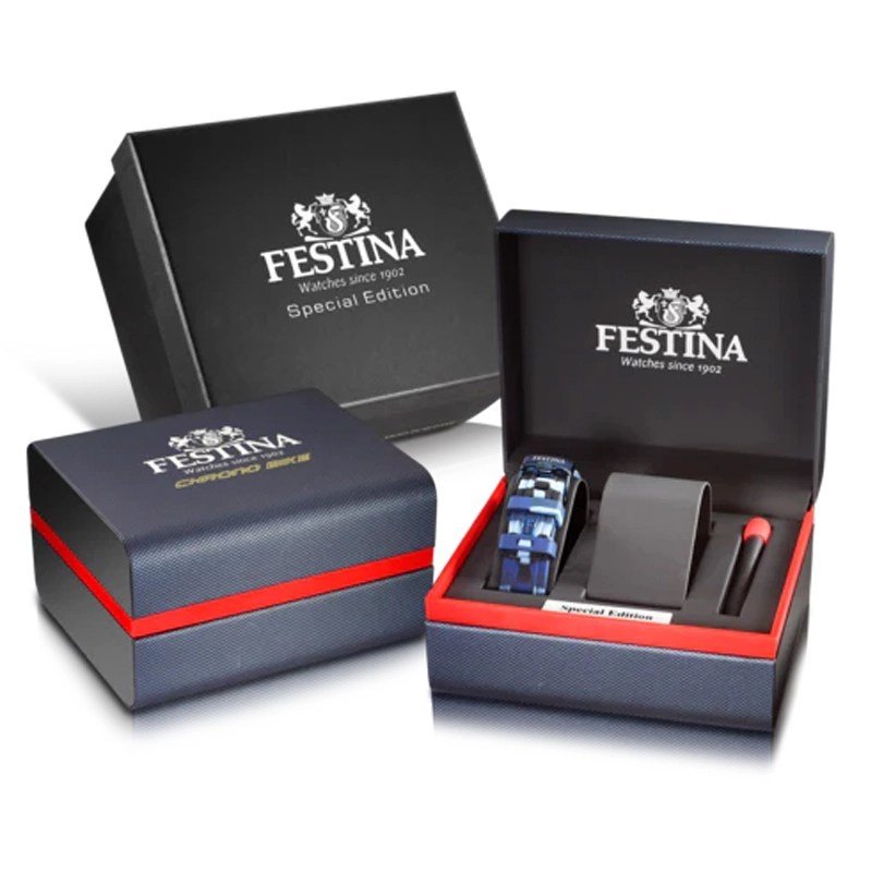 Reloj Festina analogo, para Hombre, tablero redondo colores azul y rojo, estilo index, pulso acero color azul, calendario, cronografo