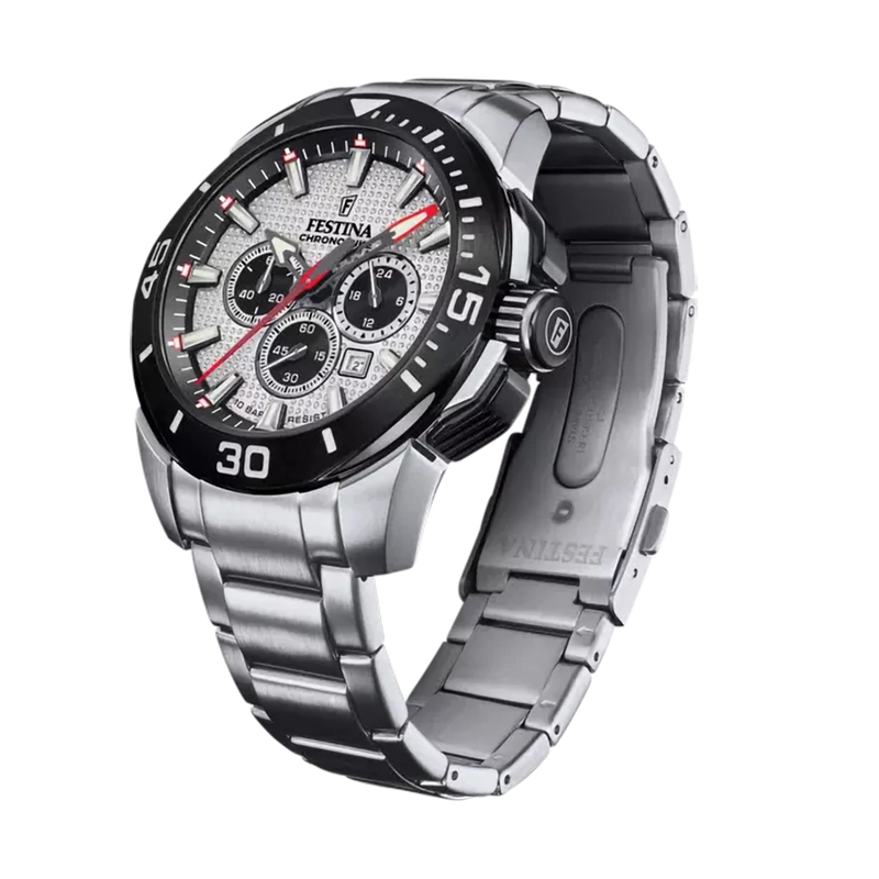 Reloj Festina analogo, para Hombre, tablero redondo colores plateado, gris y rojo, estilo index, pulso acero color plateado, calendario, cronografo
