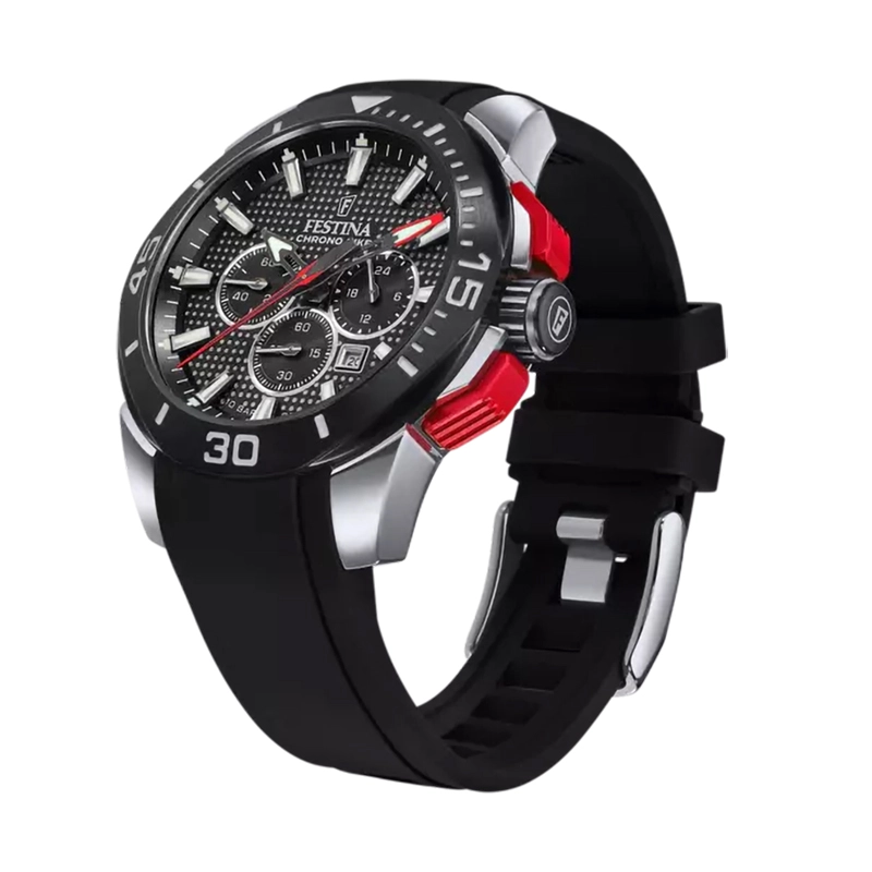 Reloj Festina analogo, para Hombre, tablero redondo colores negro y rojo, estilo index, pulso silicona color negro, calendario, cronografo