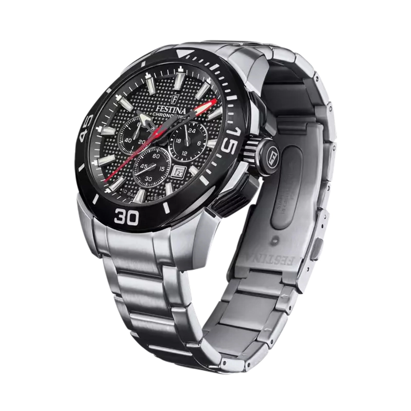 Reloj Festina analogo, para Hombre, tablero redondo colores negro y rojo, estilo index, pulso acero color plateado, calendario, cronografo