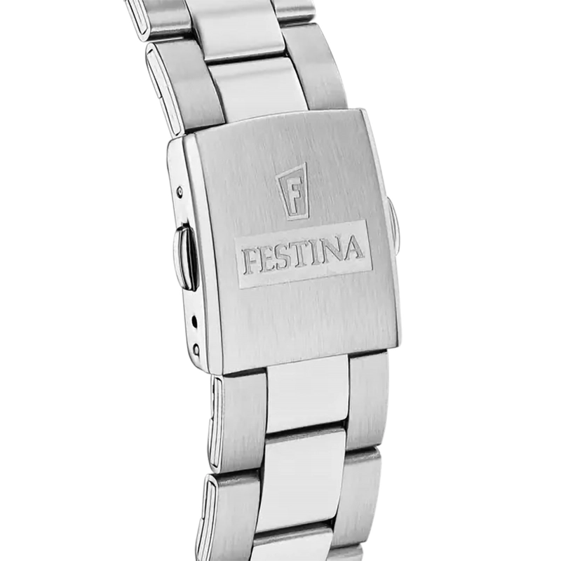 Reloj Festina analogo, para Hombre, tablero redondo colores plateado y negro, estilo index, pulso acero color plateado, cronografo