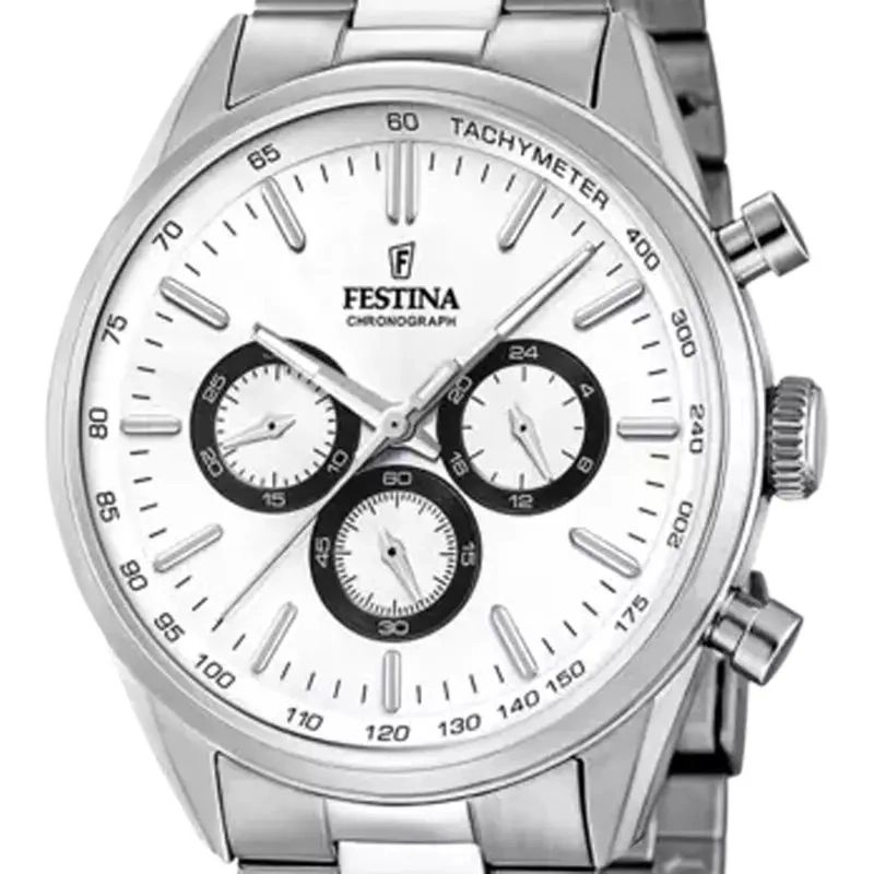 Reloj Festina analogo, para Hombre, tablero redondo colores plateado y negro, estilo index, pulso acero color plateado, cronografo