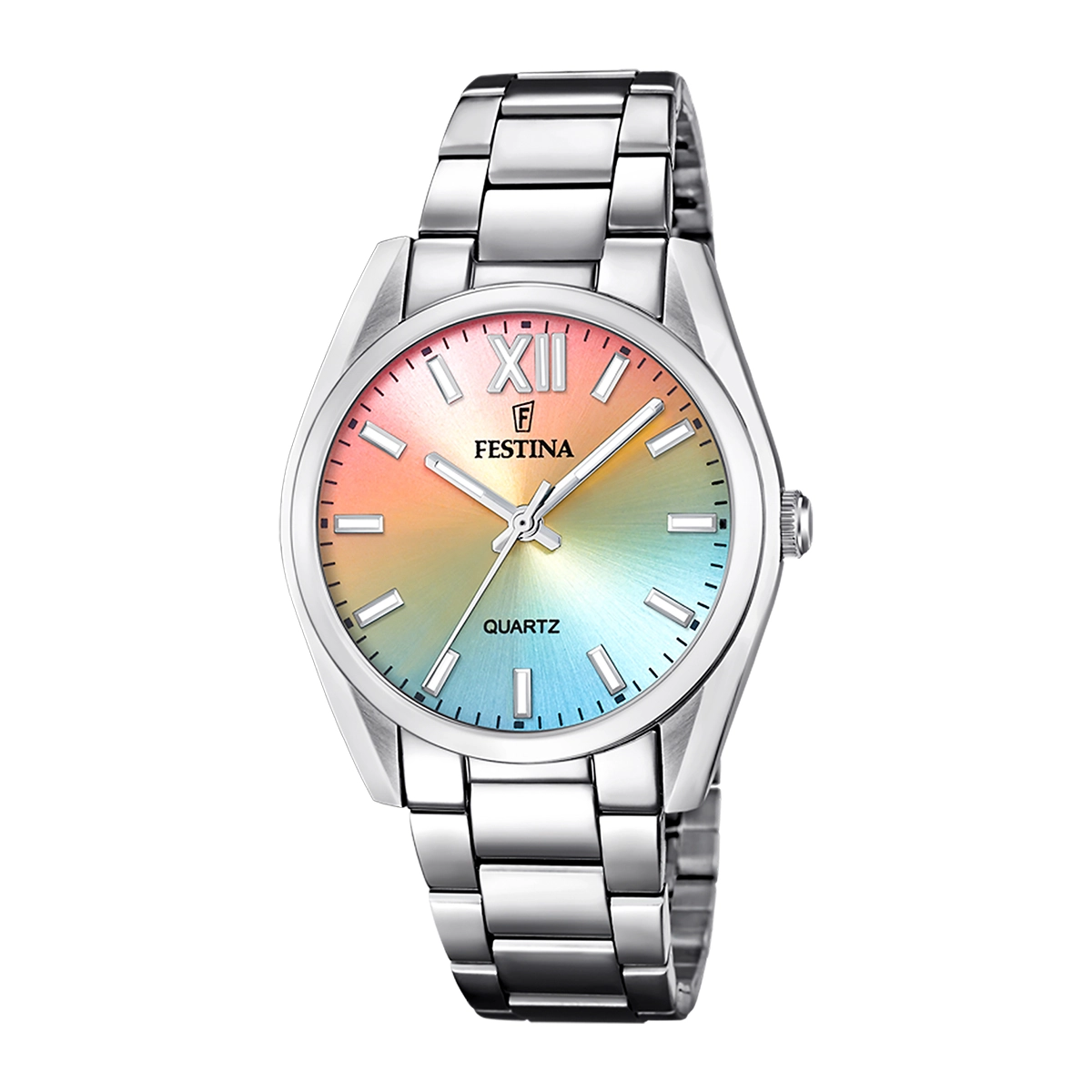 Reloj Festina analogo, para Dama, tablero redondo color multi, estilo index + romano, pulso acero color plateado