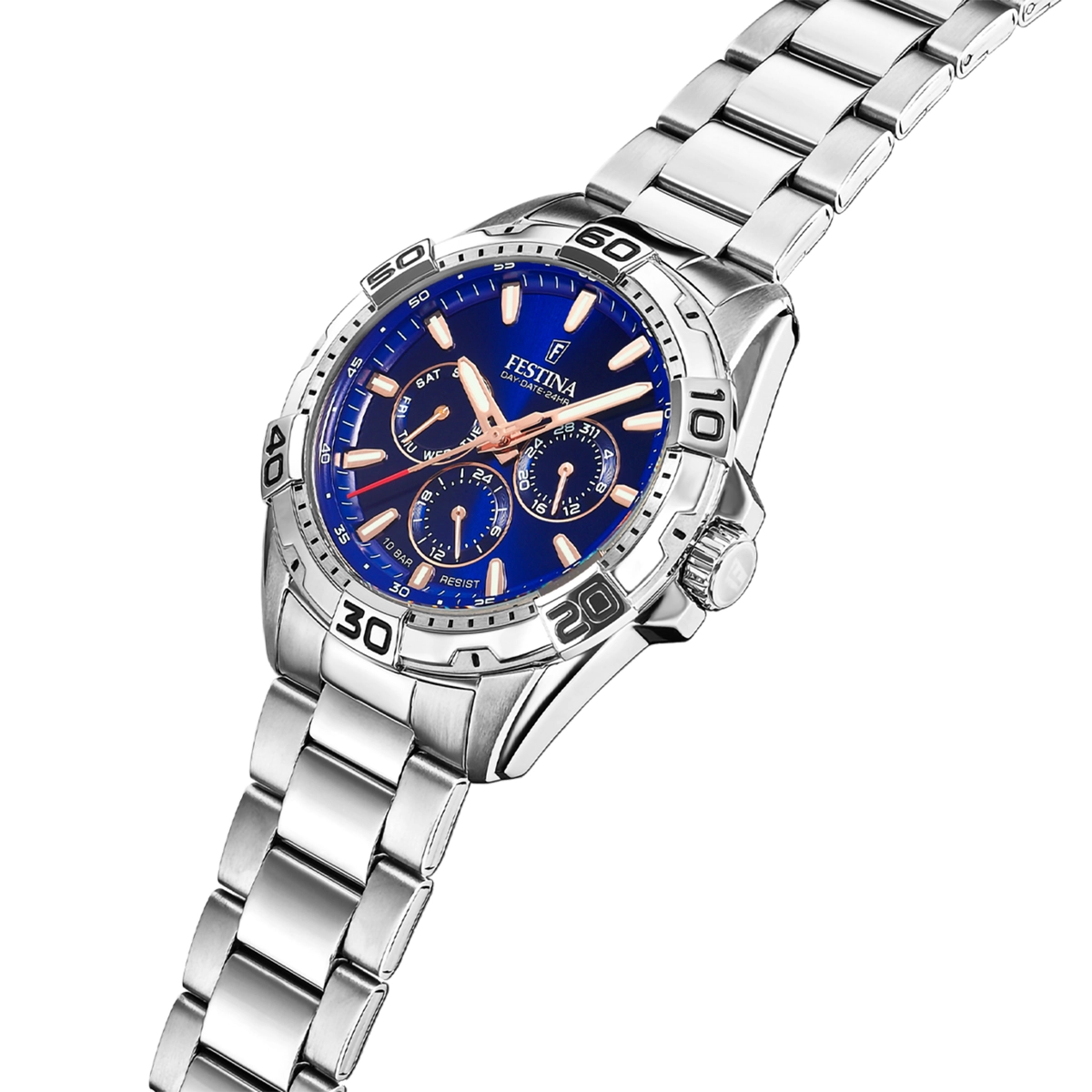 Reloj Festina análogo, para Hombre, tablero redondo color azul, estilo index, pulso acero color plateado, calendario
