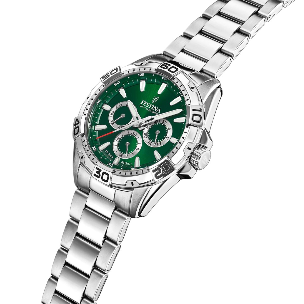 Reloj Festina analogo, para Hombre, tablero redondo color verde, estilo index, pulso acero color plateado, calendario