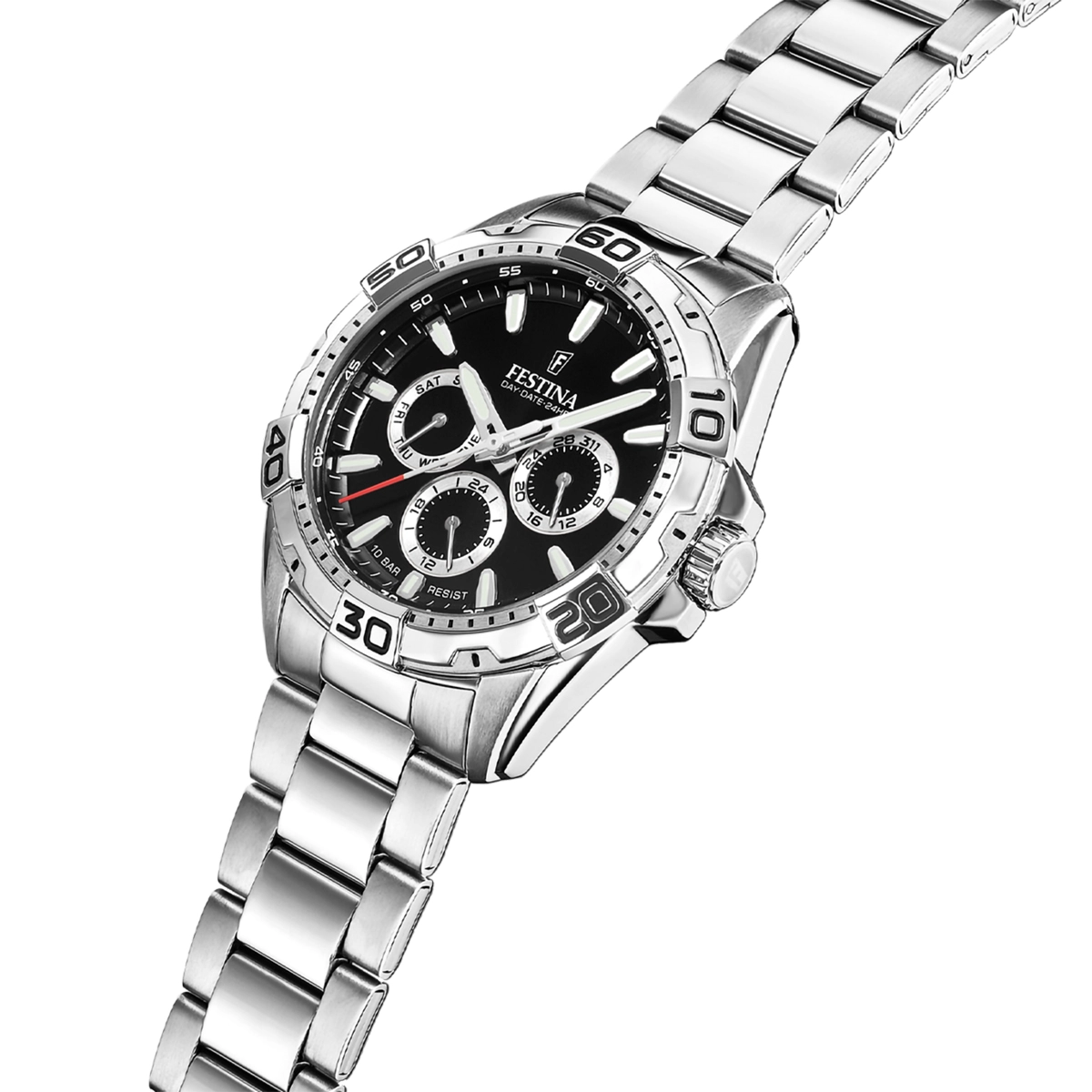 Reloj Festina analogo, para Hombre, tablero redondo color negro, estilo index, pulso acero color plateado, calendario