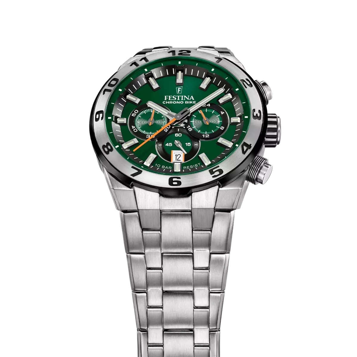 Reloj Festina analogo, para Hombre, tablero redondo colores verde y naranja, estilo index, pulso acero color plateado, calendario, cronografo