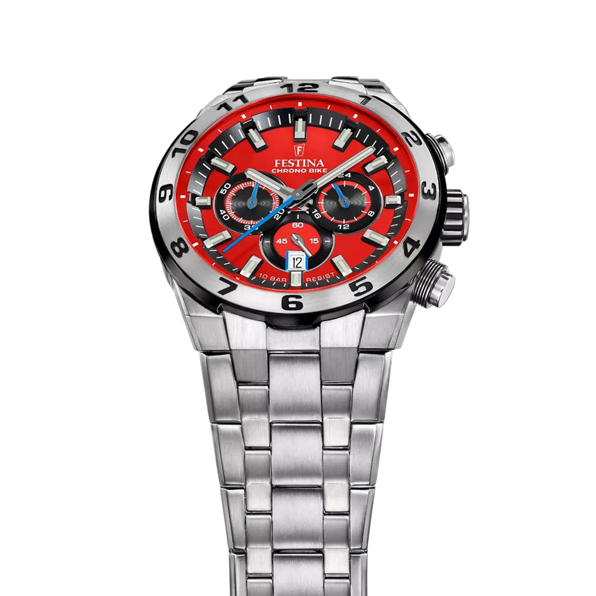 Reloj Festina analogo, para Hombre, tablero redondo colores verde y rojo, estilo index, pulso acero color plateado, calendario, cronografo
