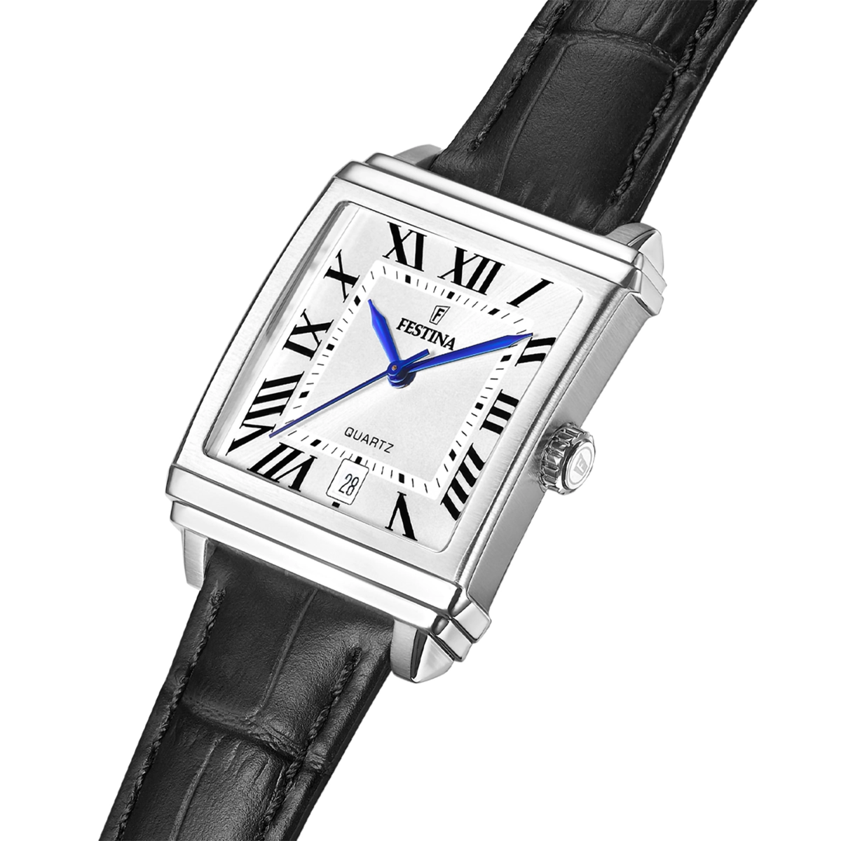 Reloj Festina analogo, para Dama, tablero rectangular color plateado, estilo romanos, pulso cuero color negro, calendario