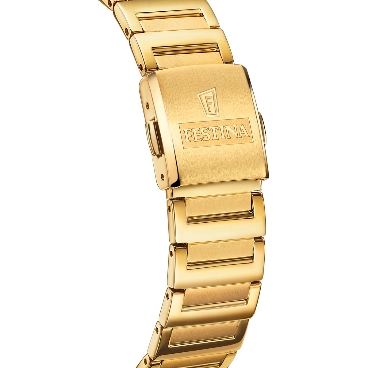 Reloj Festina analogo, para Dama, tablero rectangular color azul, estilo index + arabigo, pulso acero color dorado, calendario