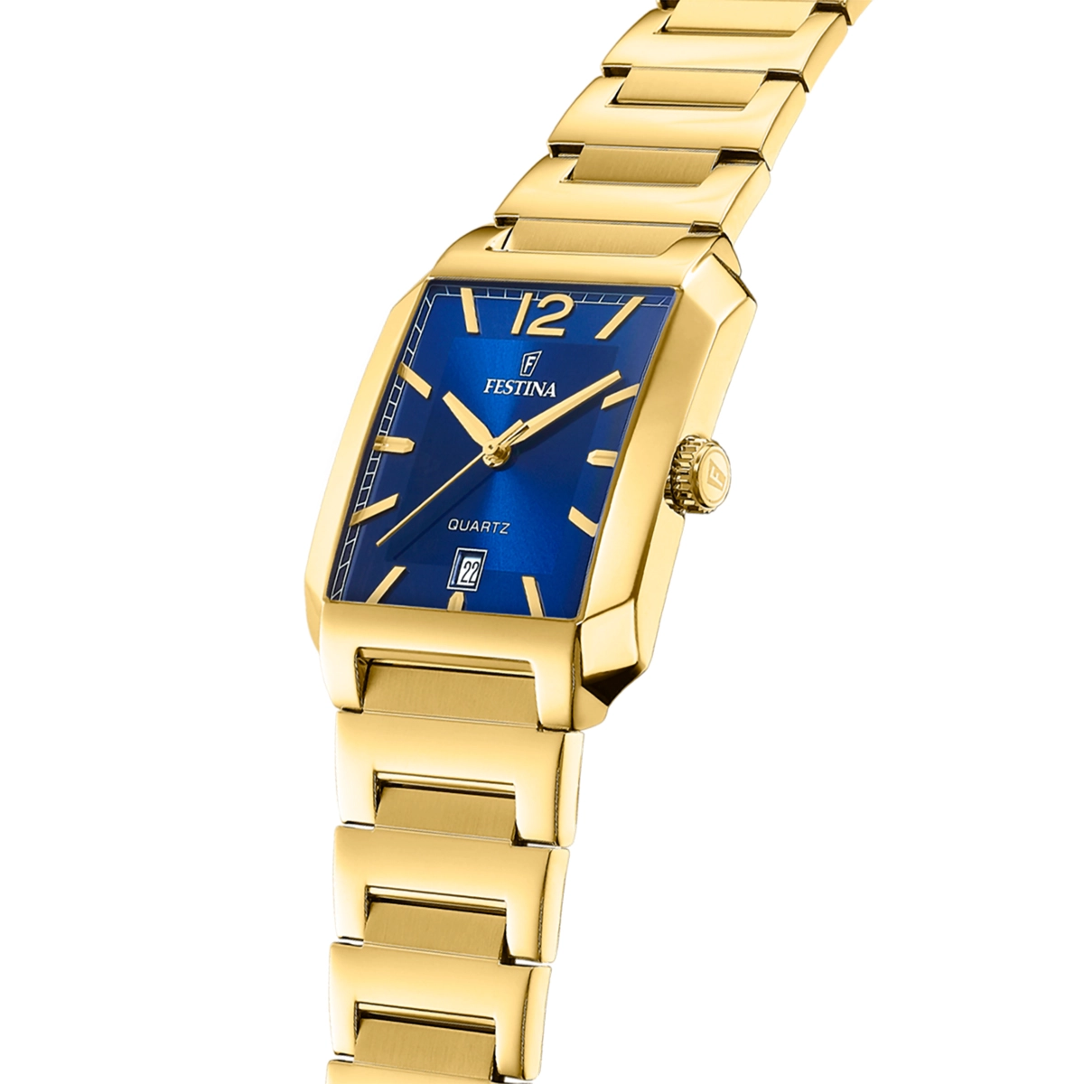 Reloj Festina analogo, para Dama, tablero rectangular color azul, estilo index + arabigo, pulso acero color dorado, calendario