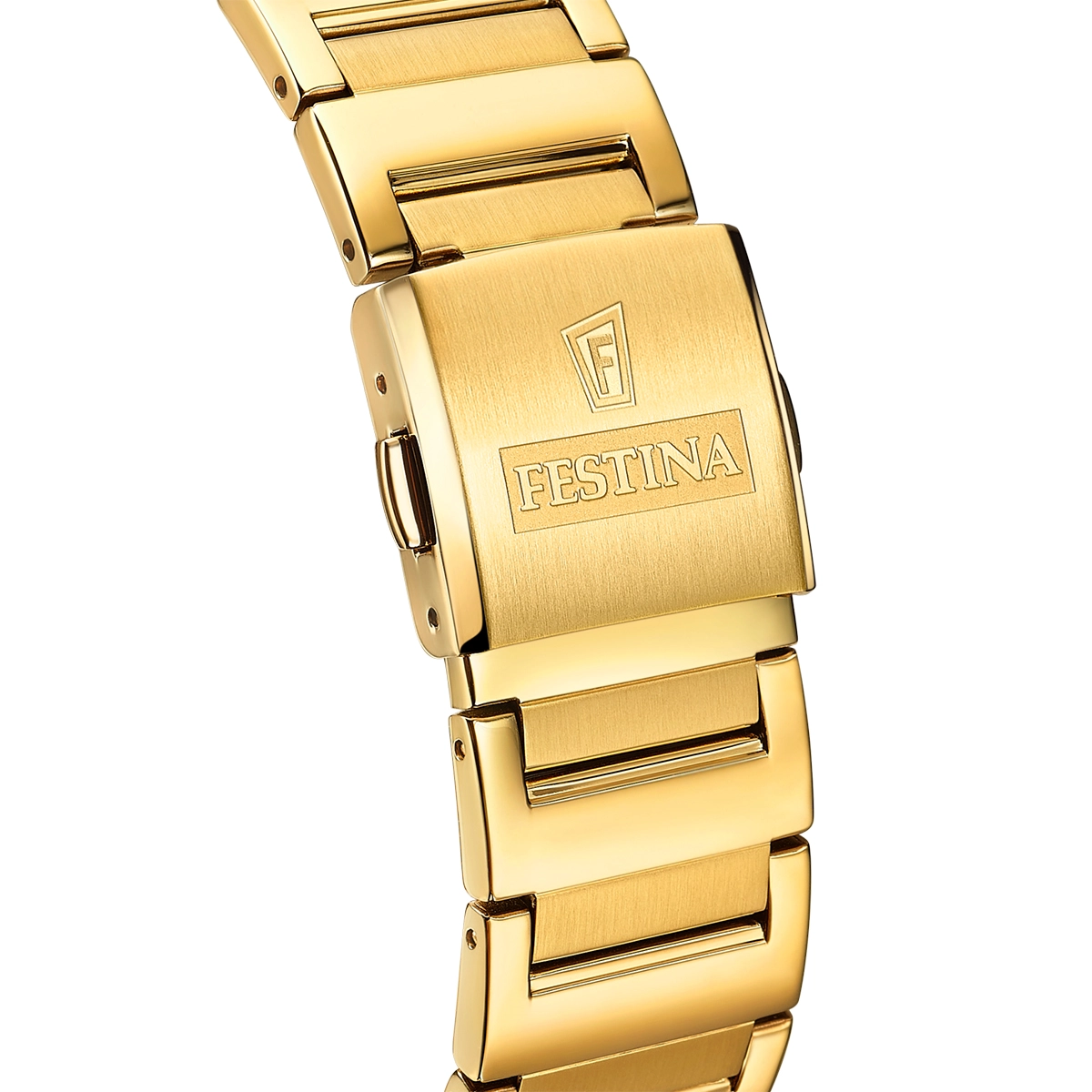 Reloj Festina analogo, para Hombre, tablero rectangular color azul, estilo index + arabigo, pulso acero color dorado, calendario