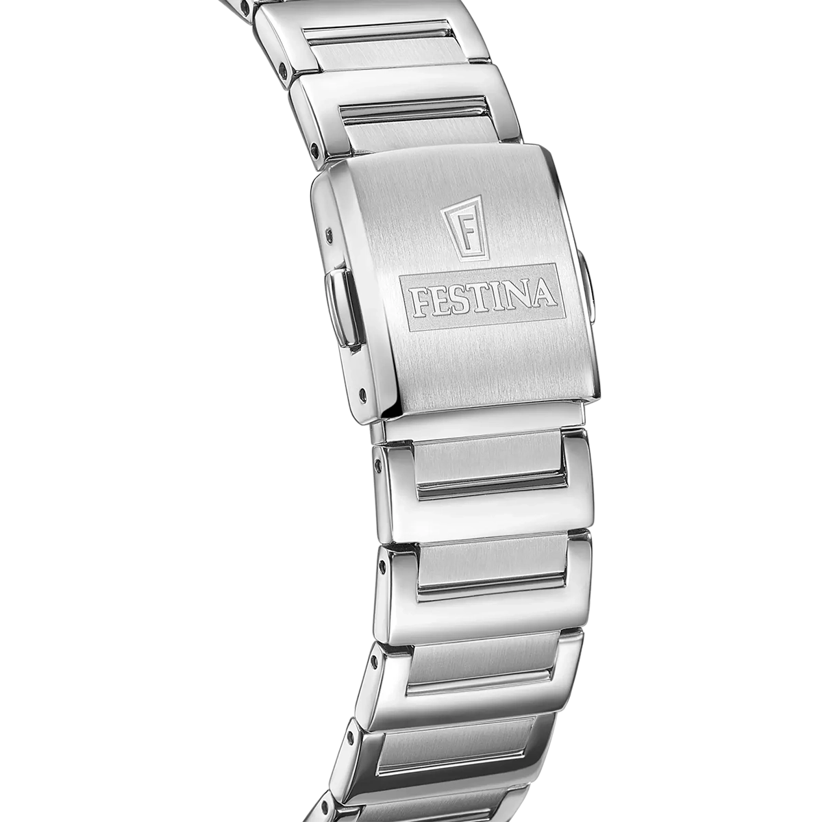 Reloj Festina análogo, para Dama, tablero rectangular colores plateado y azul, estilo romanos, pulso acero color plateado, calendario