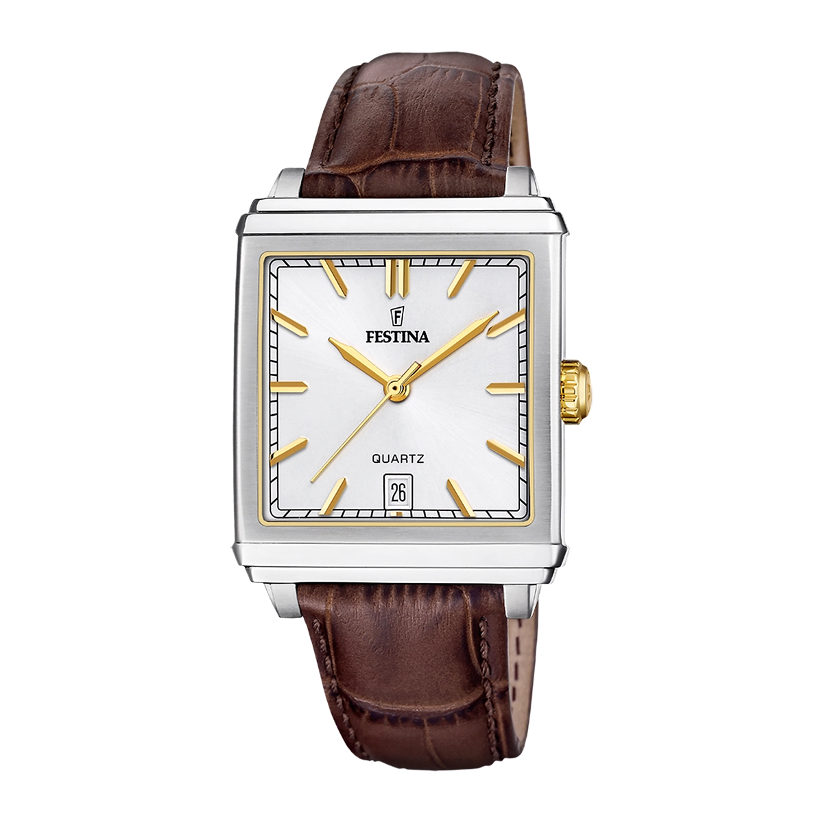 Reloj Festina análogo, para Hombre, tablero rectangular color plateado, estilo index, pulso cuero color café, calendario