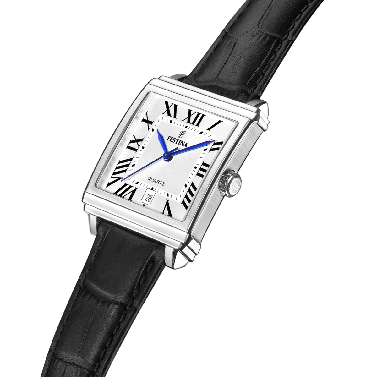 Reloj Festina análogo, para Hombre, tablero rectangular color plateado, estilo romanos, pulso cuero color negro, calendario