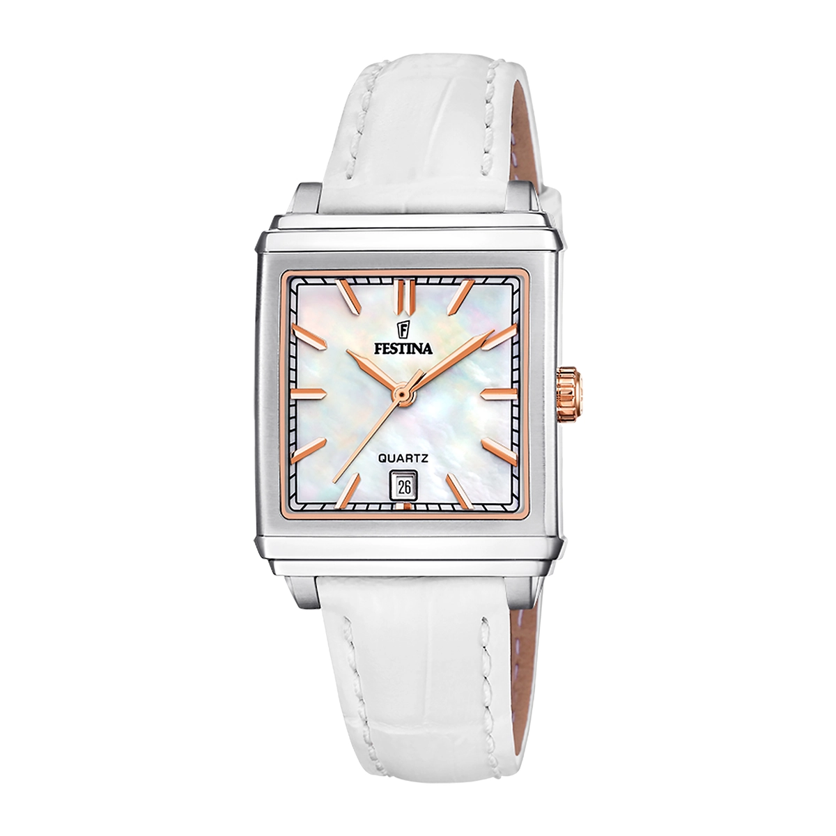 Reloj Festina analogo, para Dama, tablero rectangular color blanco, estilo index, pulso cuero color blanco, calendario
