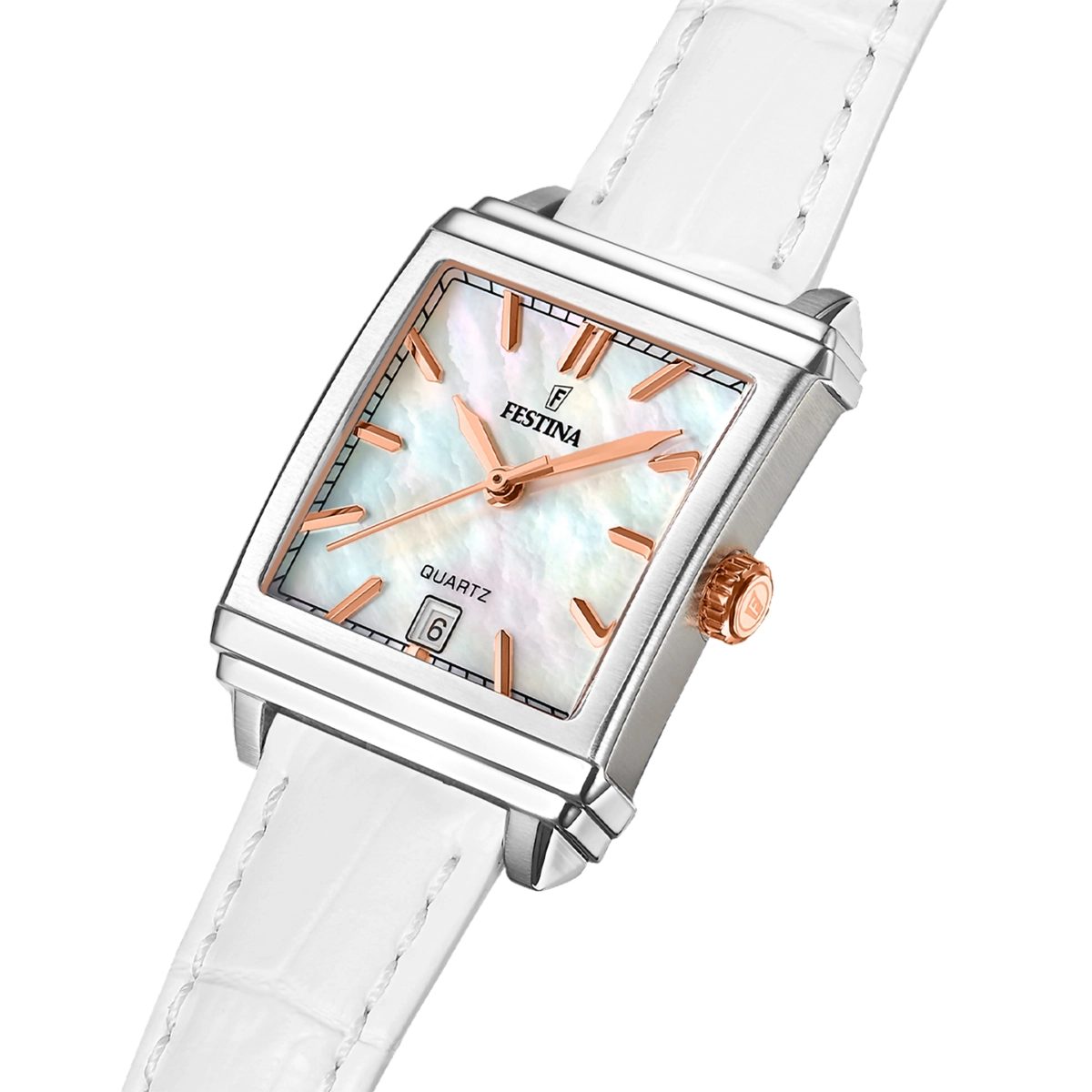 Reloj Festina analogo, para Dama, tablero rectangular color blanco, estilo index, pulso cuero color blanco, calendario