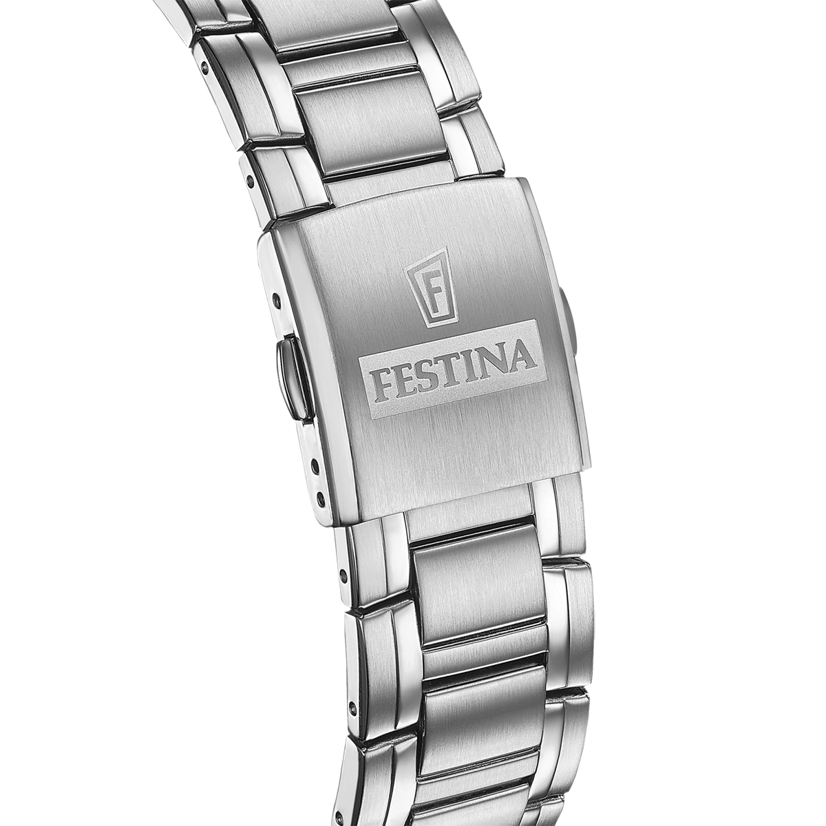 Reloj Festina analogo, para Hombre, tablero redondo colores negro y azul, estilo index, pulso acero color plateado, calendario, cronografo
