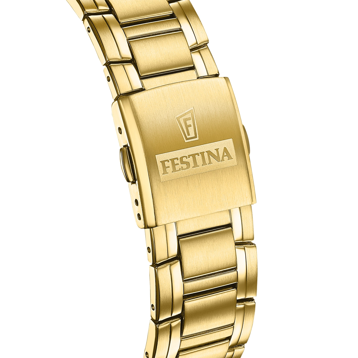 Reloj Festina analogo, para Hombre, tablero redondo color dorado, estilo index, pulso acero color dorado, calendario, cronografo