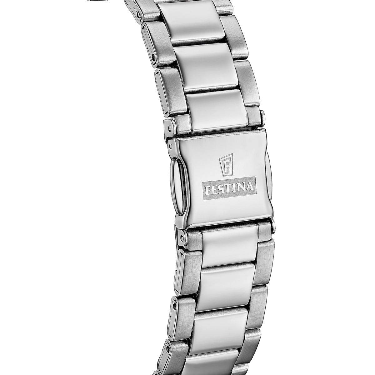 Reloj Festina análogo, para Hombre, tablero redondo color gris, estilo index + romano, pulso acero color plateado, calendario