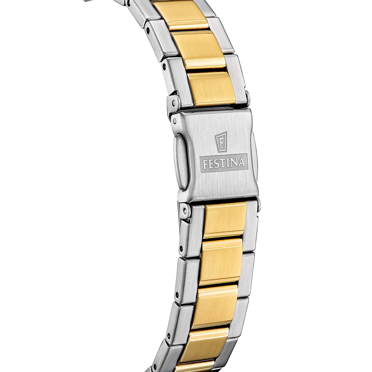 Reloj Festina análogo, para Dama, tablero redondo color blanco, estilo puntos, pulso acero colores plateado y dorado, calendario