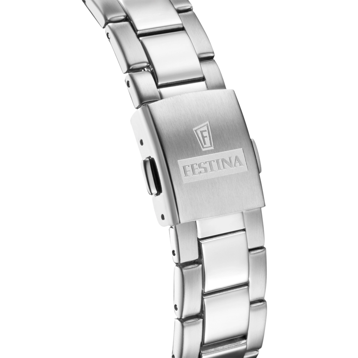 Reloj Festina analogo, Unisex, tablero redondo color blanco, estilo index, pulso acero color plateado, cronografo