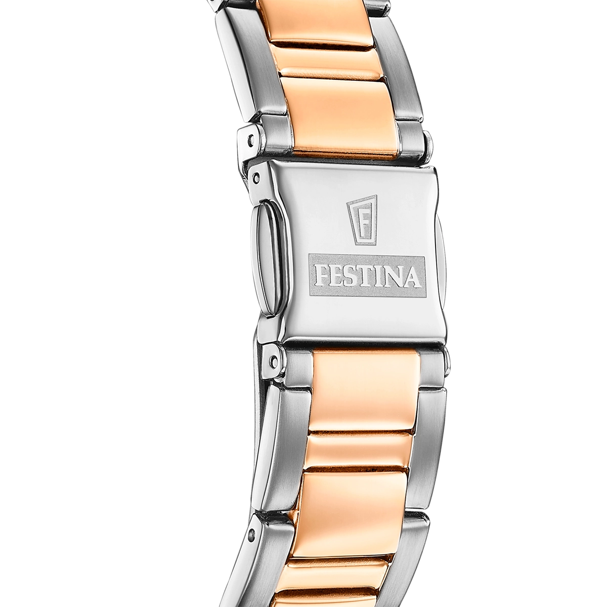 Reloj Festina analogo, para Dama, tablero redondo color azul, estilo index + arabigo, pulso acero colores plateado y rosa, calendario, cronografo