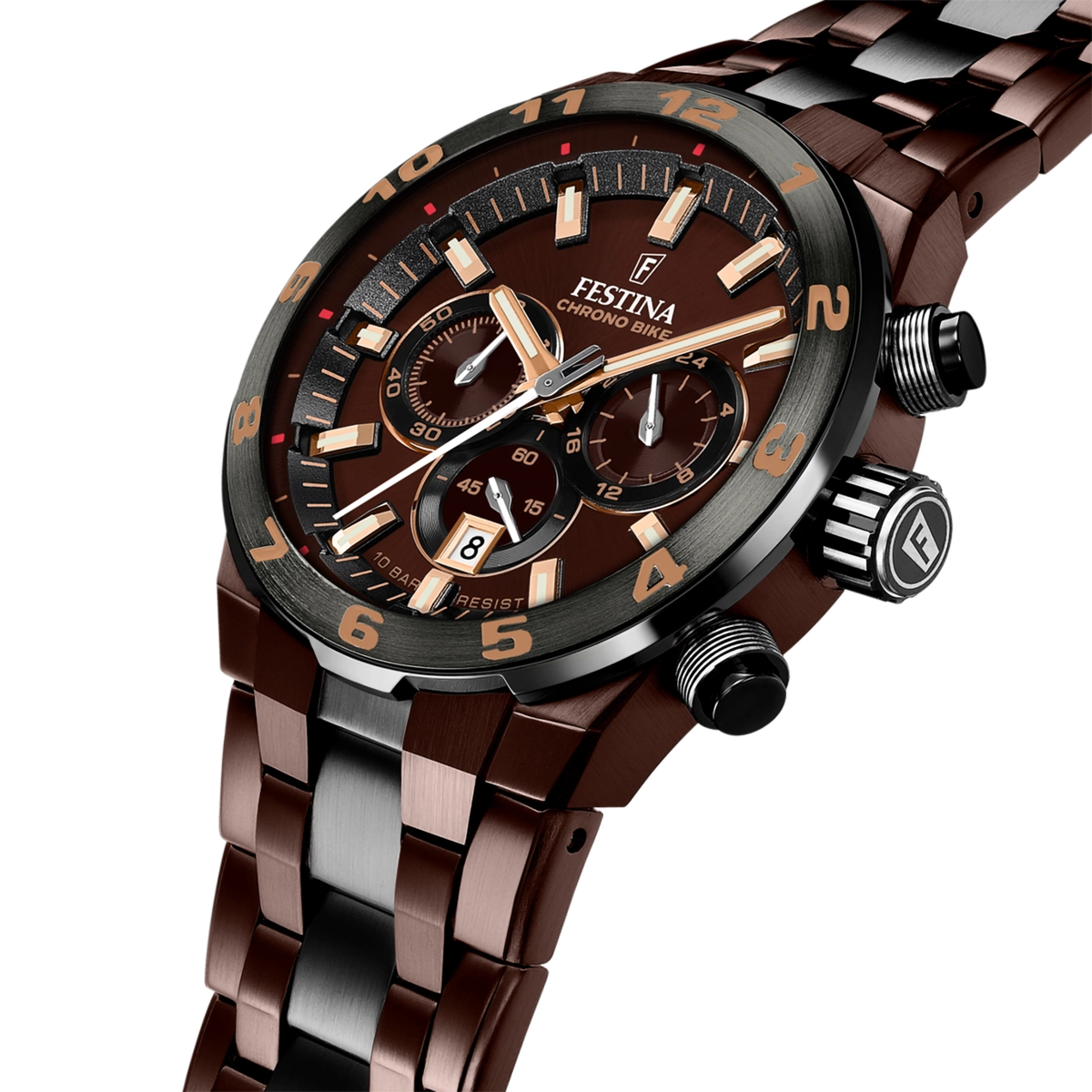 Reloj Festina analogo, para Hombre, tablero redondo color café, estilo index, pulso acero colores café y negro, calendario, cronografo