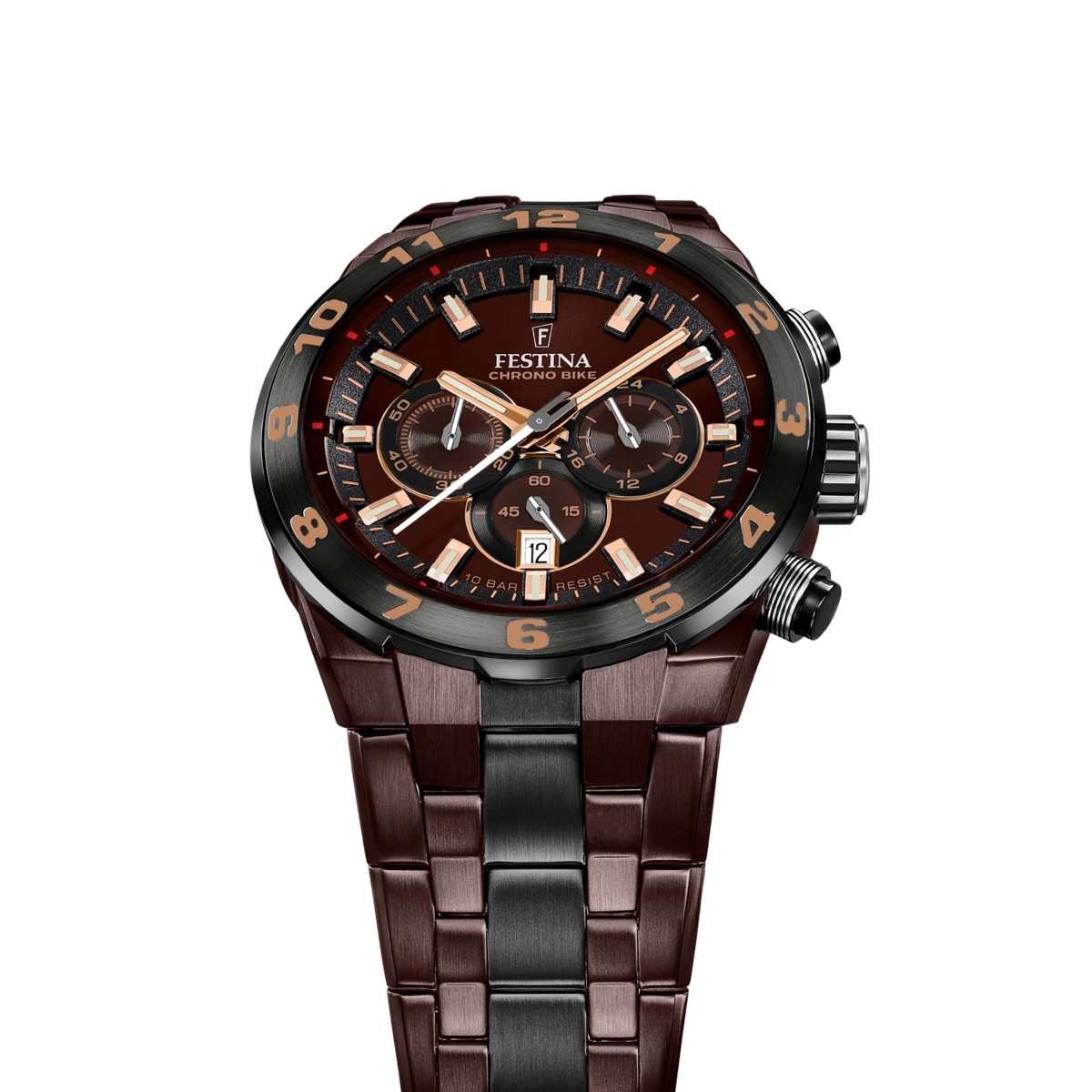 Reloj Festina analogo, para Hombre, tablero redondo color café, estilo index, pulso acero colores café y negro, calendario, cronografo