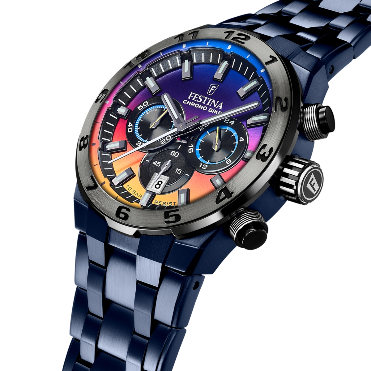 Reloj Festina analogo, para Hombre, tablero redondo colores azul y naranja, estilo index, pulso acero color azul, calendario, cronografo