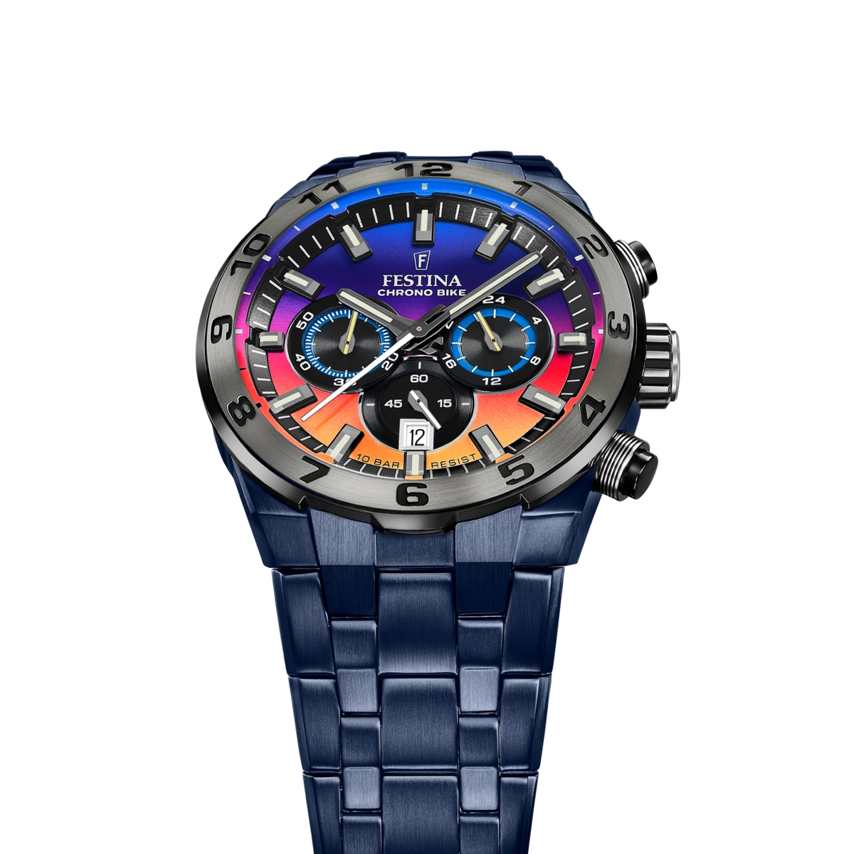 Reloj Festina analogo, para Hombre, tablero redondo colores azul y naranja, estilo index, pulso acero color azul, calendario, cronografo