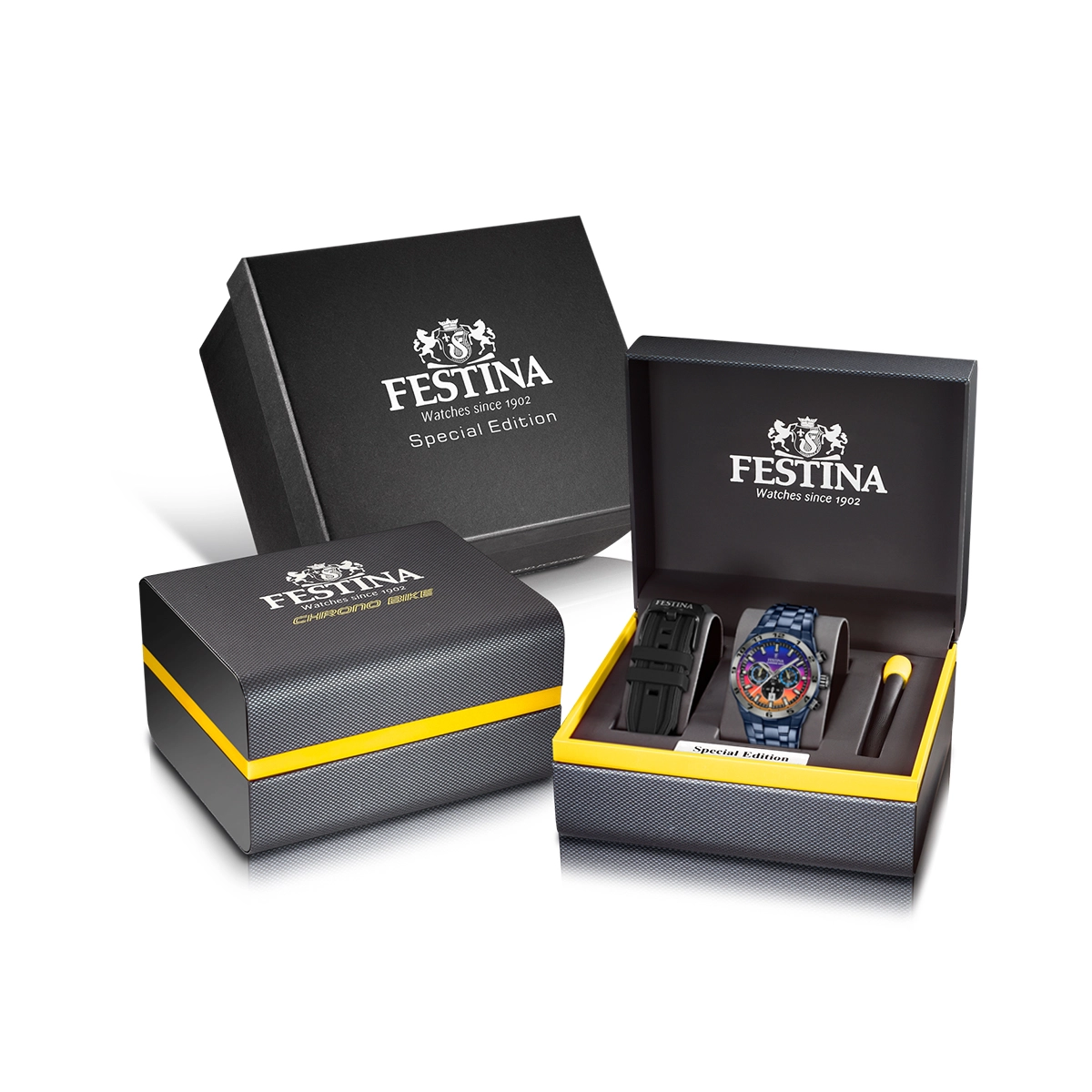 Reloj Festina analogo, para Hombre, tablero redondo colores azul y naranja, estilo index, pulso acero color azul, calendario, cronografo
