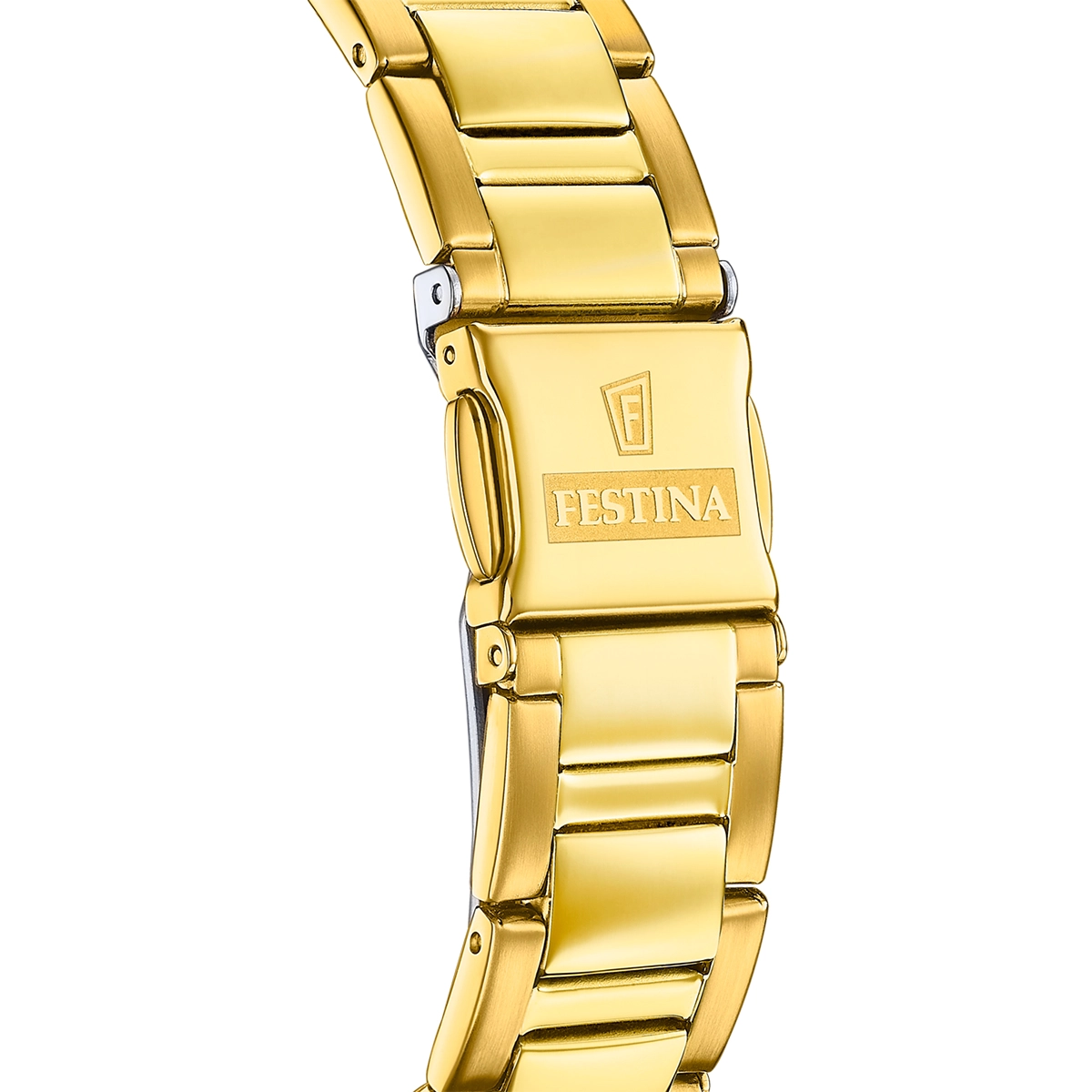 Reloj Festina analogo, para Dama, tablero redondo color multi, estilo index + arabigo, pulso acero color dorado, calendario, cronografo