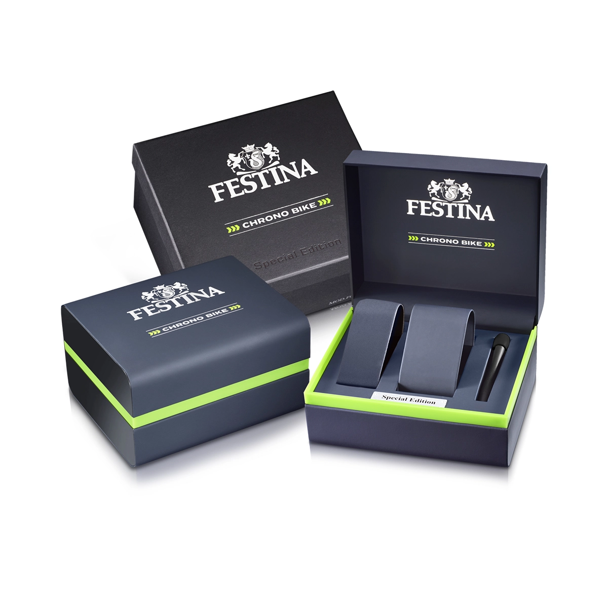Reloj Festina analogo, para Hombre, tablero redondo color negro, estilo index, pulso acero colores negro, gris y plateado, calendario, cronografo