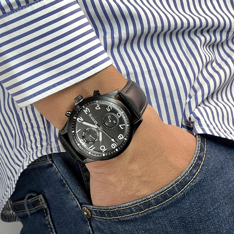 Reloj Kevins analogo, para Hombre, tablero redondo colores negro y blanco, estilo arabigos, pulso cuero color negro, calendario