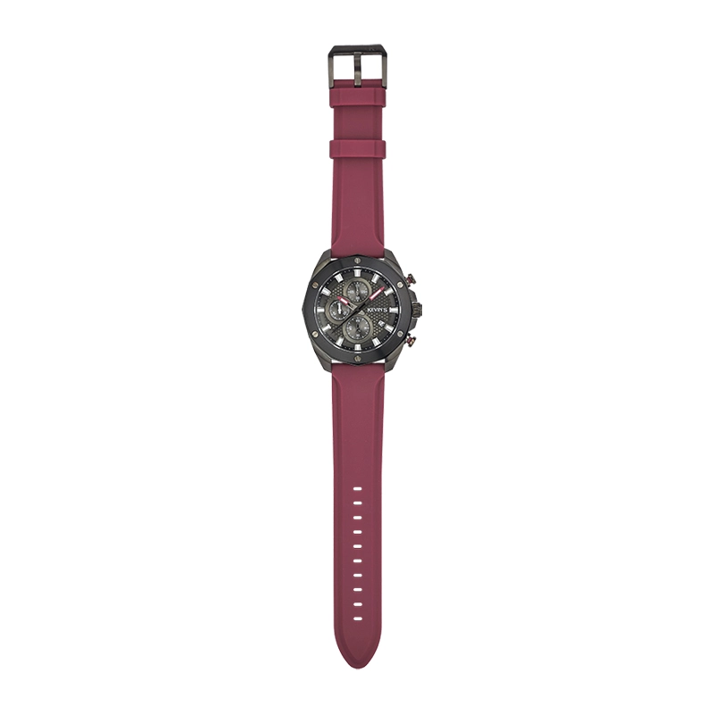 Reloj Kevins analogo, para Hombre, tablero redondo colores negro y rojo, estilo index, pulso silicona color rojo, calendario, cronografo