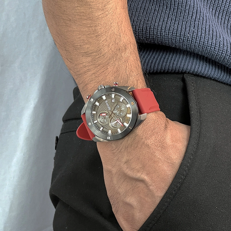 Reloj Kevins analogo, para Hombre, tablero redondo colores negro y rojo, estilo index, pulso silicona color rojo, calendario, cronografo