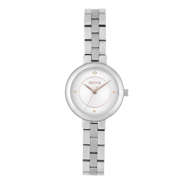 Reloj Kevins analogo, para Dama, tablero redondo colores plateado y rosa, estilo puntos, pulso acero color plateado