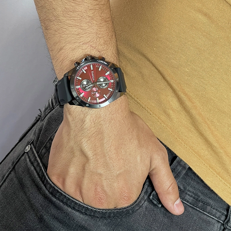 Reloj Kevins analogo, para Hombre, tablero redondo colores rojo y gris, estilo index, pulso silicona color negro, cronografo