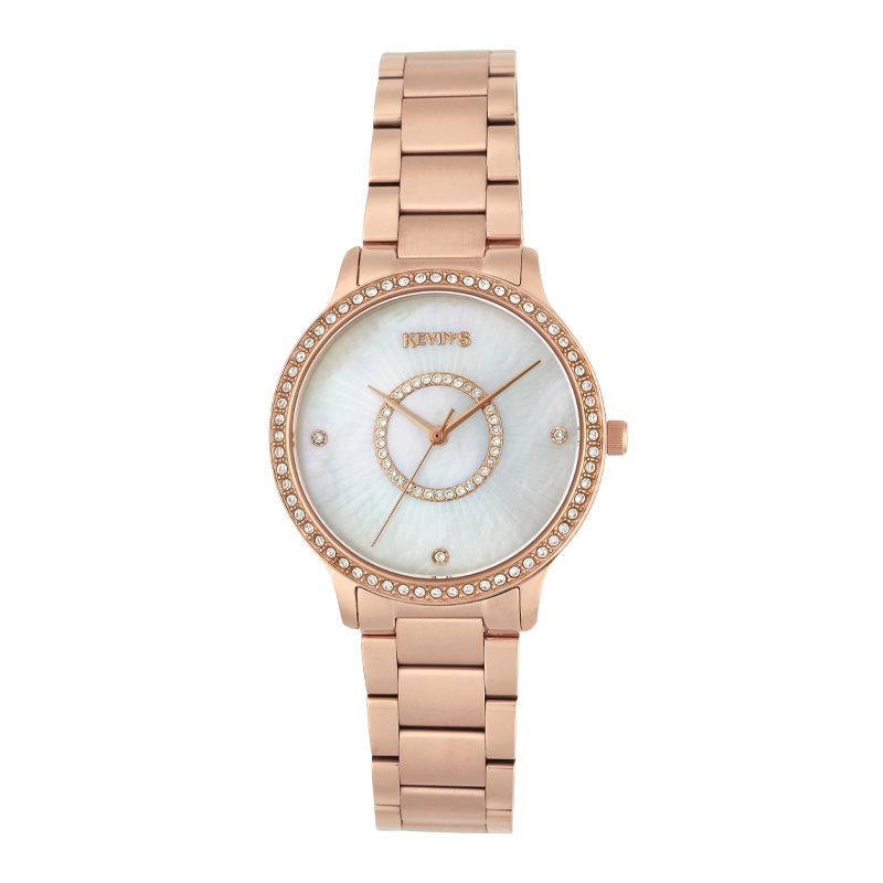 Reloj Kevins analogo, para Dama, tablero redondo colores blanco y rosa, estilo puntos, pulso acero color rosa