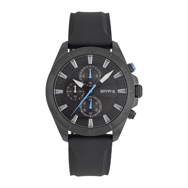 Reloj Kevins analogo, para Hombre, tablero redondo colores negro y azul, estilo index, pulso silicona color negro, cronografo