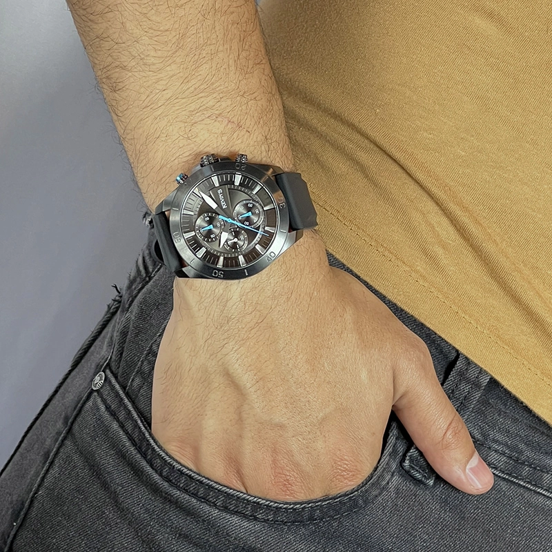 Reloj Kevins analogo, para Hombre, tablero redondo colores negro y azul, estilo index, pulso silicona color negro, cronografo
