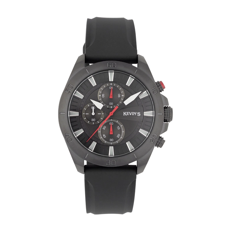 Reloj Kevins analogo, para Hombre, tablero redondo colores negro y rojo, estilo index, pulso silicona color negro, cronografo