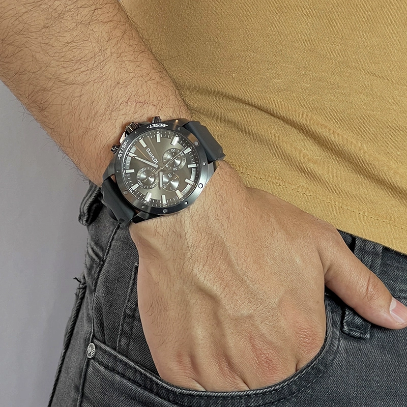 Reloj Kevins analogo, para Hombre, tablero redondo colores azul, plateado, negro y gris, estilo index, pulso acero color negro, cronografo