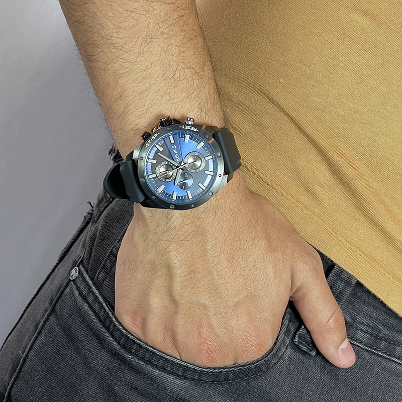 Reloj Kevins analogo, para Hombre, tablero redondo colores azul, plateado, negro y gris, estilo index, pulso acero color negro, cronografo