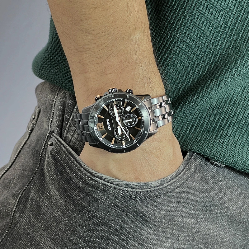 Reloj Kevins analogo, para Hombre, tablero redondo colores negro y rosa, estilo index + arabigo, pulso acero color negro, calendario, cronografo