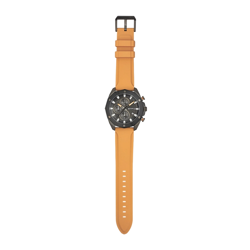 Reloj Kevins analogo, para Hombre, tablero redondo colores negro y naranja, estilo index, pulso silicona color naranja, calendario, cronografo