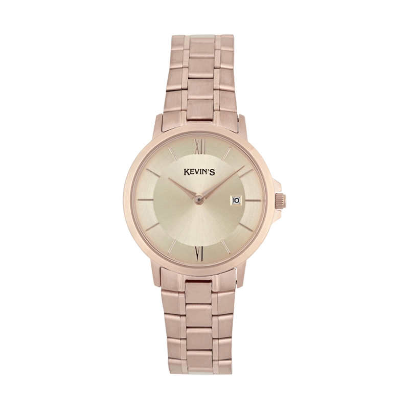 Reloj Kevins analogo, para Dama, tablero redondo colores blanco y rosa, estilo index + romano, pulso acero colores plateado y rosa, calendario