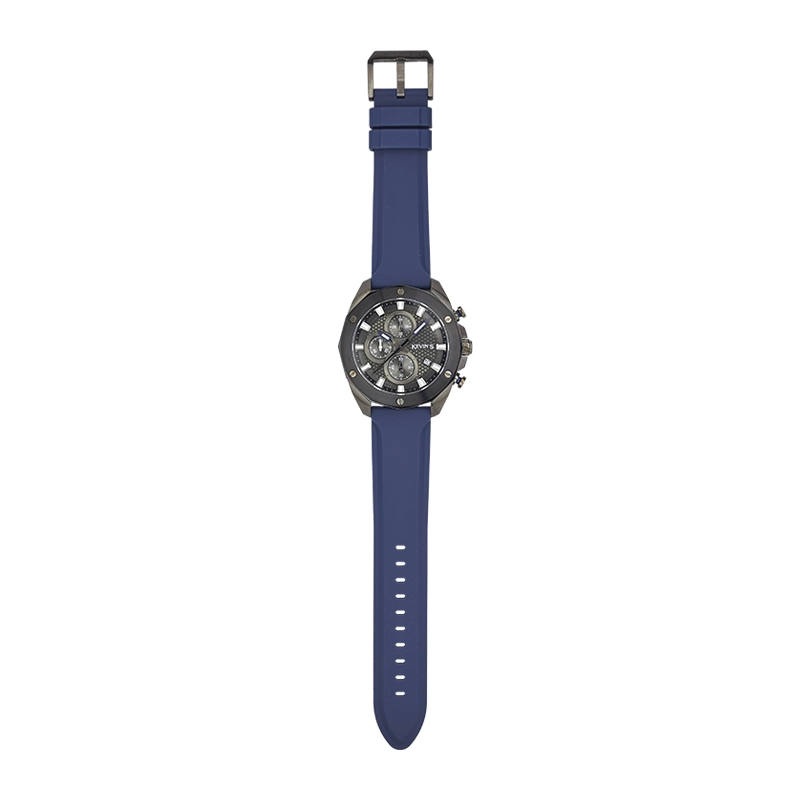 Reloj Kevins analogo, para Hombre, tablero redondo colores negro y azul, estilo index, pulso silicona color azul, calendario, cronografo