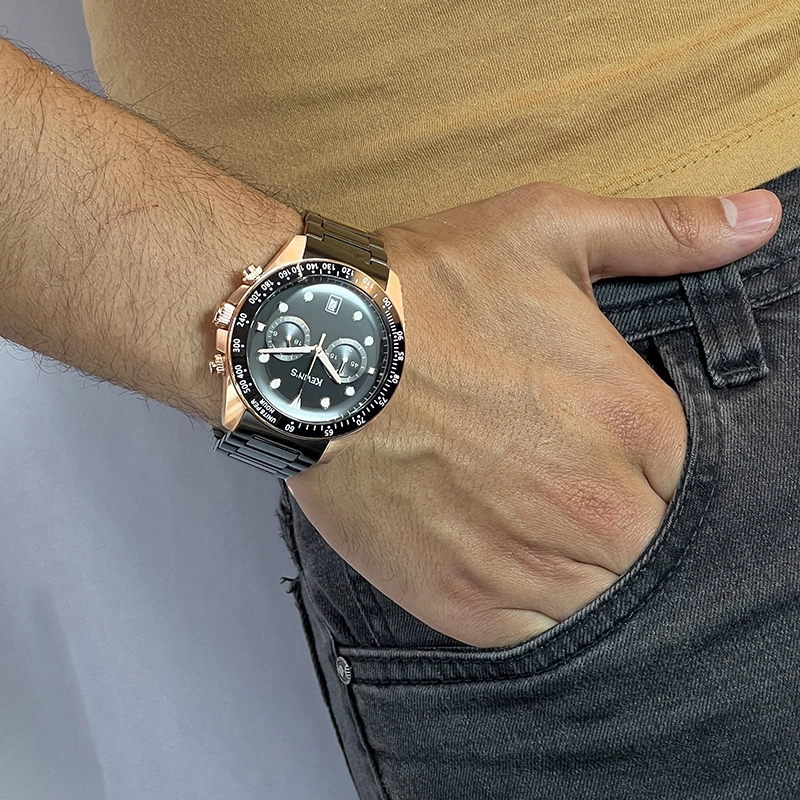 Reloj Kevins analogo, para Hombre, tablero redondo colores negro y blanco, estilo puntos, pulso acero color negro, calendario, cronografo